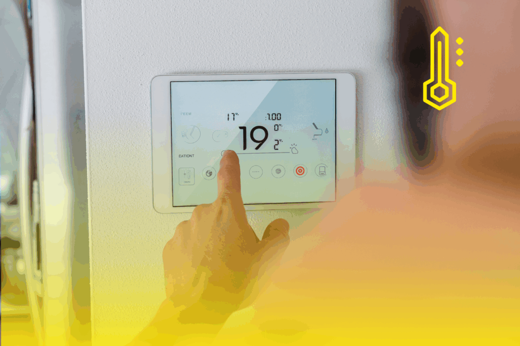 Eine Person stellt die Raumtemperatur am Smart-Bildschirm ein.